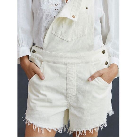 NEW Anthropologie Pilcro Ivory Frayed Denim Dungarees Overalls Shortalls Size 26 - Picture 4 of 4
